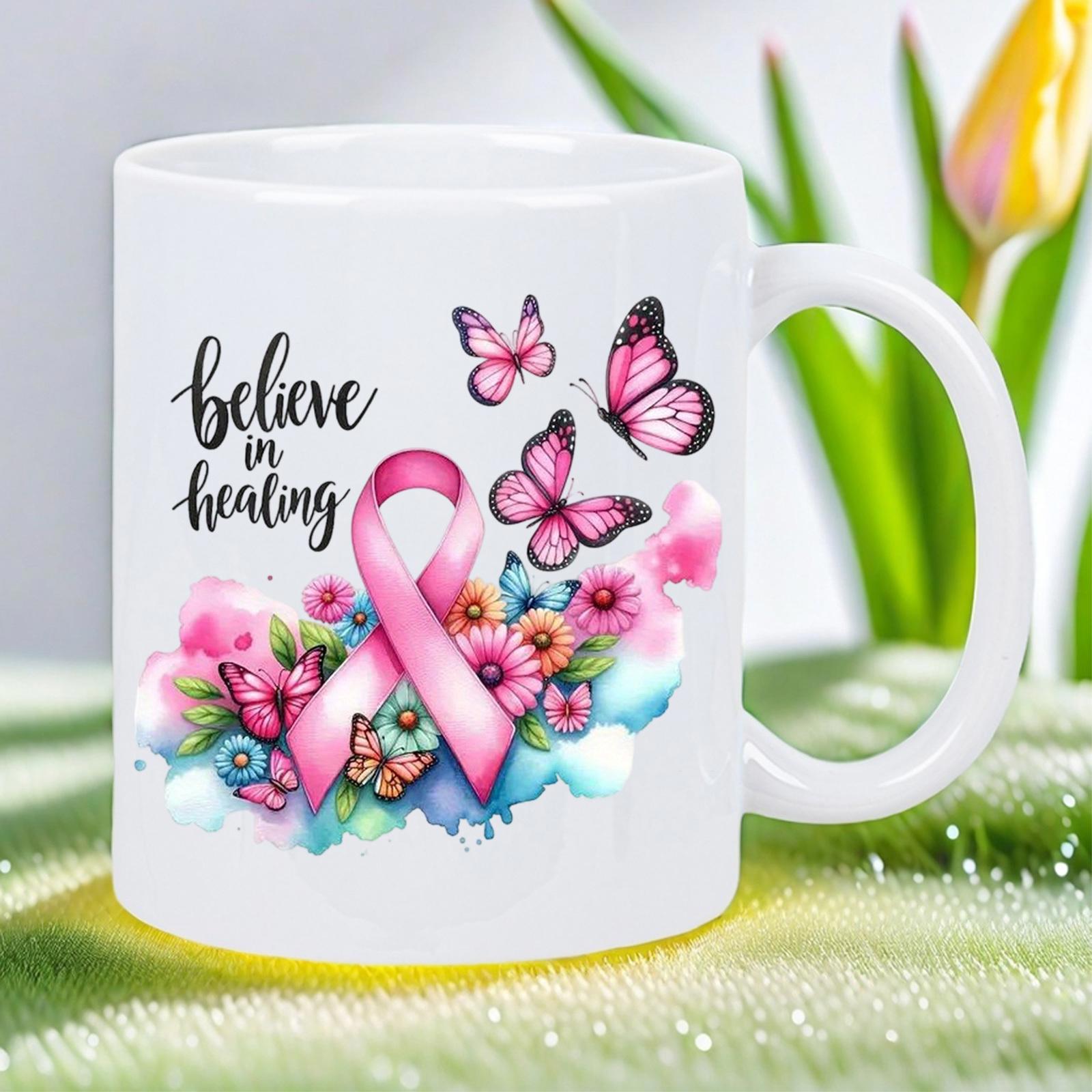 Tailorly White Ceramic 11 oz Mug - Believe In Healing Breast Cancer Awareness Pink Ribbon With Fluttering Butterflies And Blossoming Flowers Mug