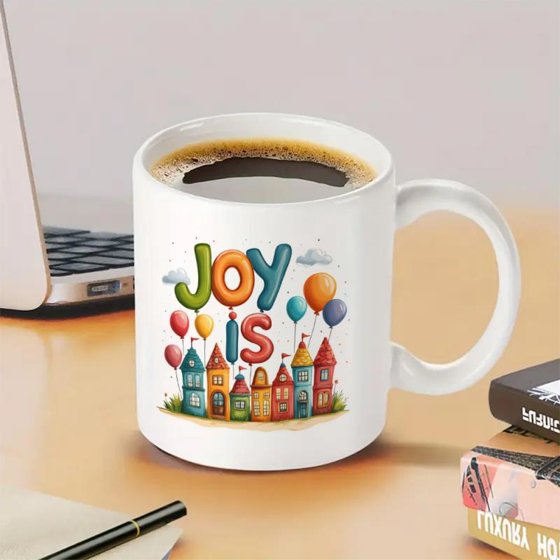 Tailorly White Ceramic 11 oz Mug - Joy Is Colorful Playful Balloon Letters Above Small Whimsical Fantasy Houses Village