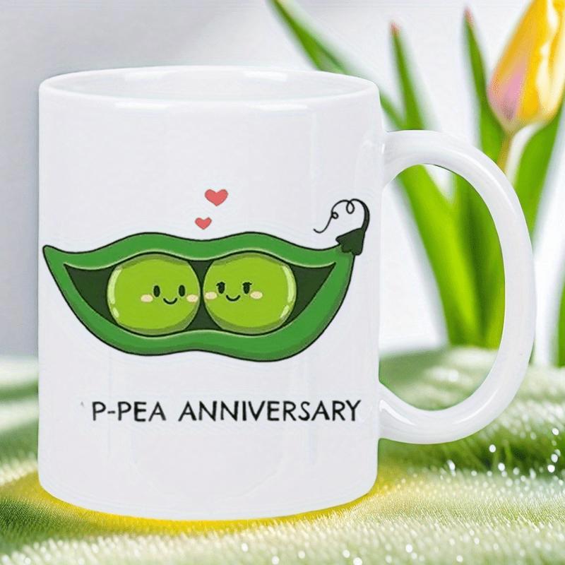 Tailorly White Ceramic 11 oz Mug - P Pea Anniversary Two Cute Green Cartoon Peas Smiling Inside A Vibrant Leafy Pod