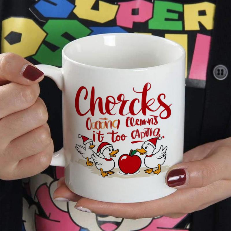 Tailorly White Ceramic 11 oz Mug - Chorcks Three White Ducks Wearing Red Hats Standing Around A Red Apple Duck