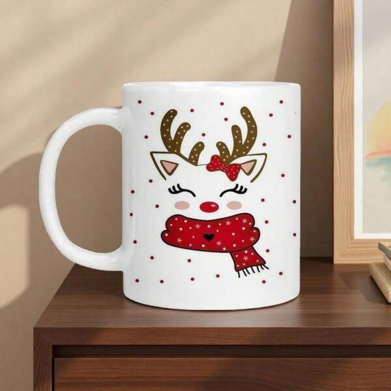 Tailorly White Ceramic 11 oz Mug - Festive Christmas Illustration With Glittery Antlers And A Red Scarf Reindeer