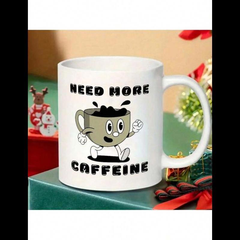 Tailorly White Ceramic 11 oz Mug - Need More Caffeine Animated Vintage Rubber Hose Style Walking Mascot Splashing Dark Hot Coffee Character