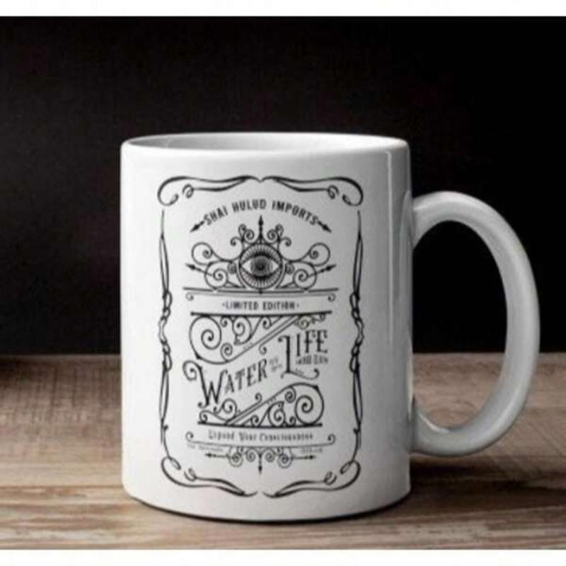 Tailorly White Ceramic 11 oz Mug - Water Of Life Limited Edition Ornate Decorative Scrolls Featuring Central Eye In Vintage Style Label