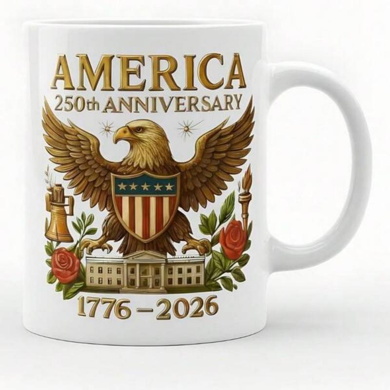 Tailorly White Ceramic 11 oz Mug - America 250th Anniversary 1776 2026 Majestic Bald Eagle Spreading Wings Over The White House And Flowers Eagle