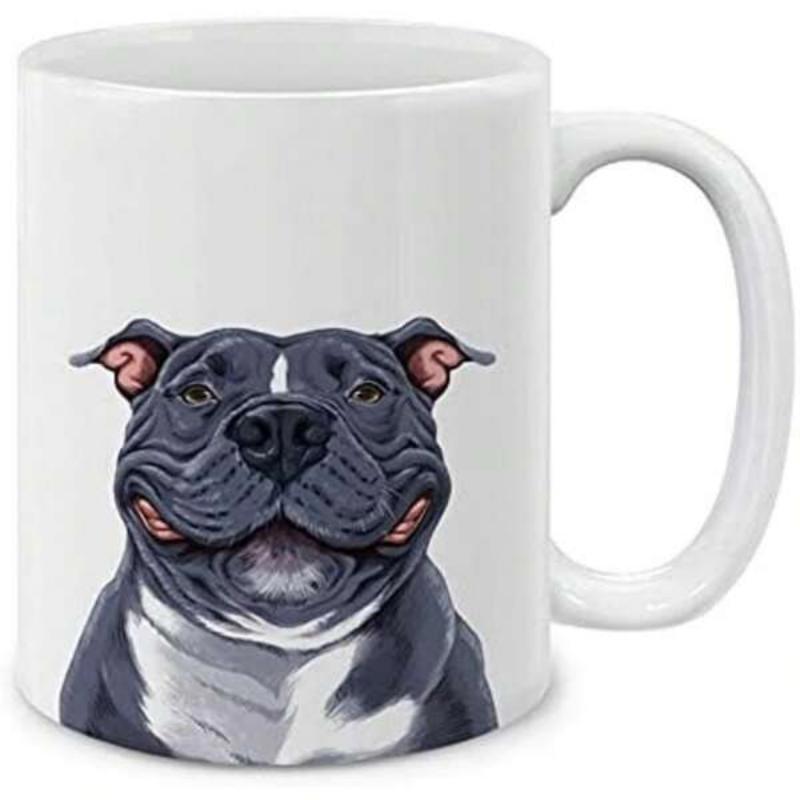 Tailorly White Ceramic 11 oz Mug - Loyal Strong Muscular Face Of A Dark Grey American Bully Pitbull