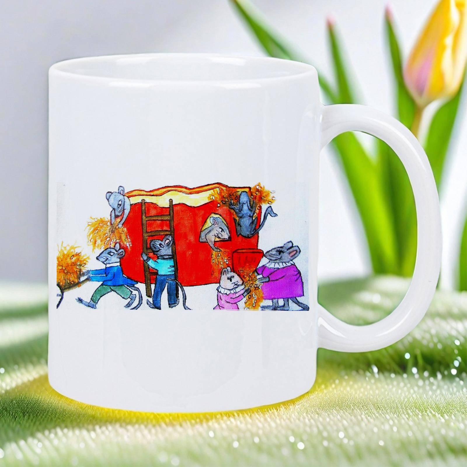 Tailorly White Ceramic 11 oz Mug - Whimsical Little Cartoon Characters Gathering Around Large Red Food Mice