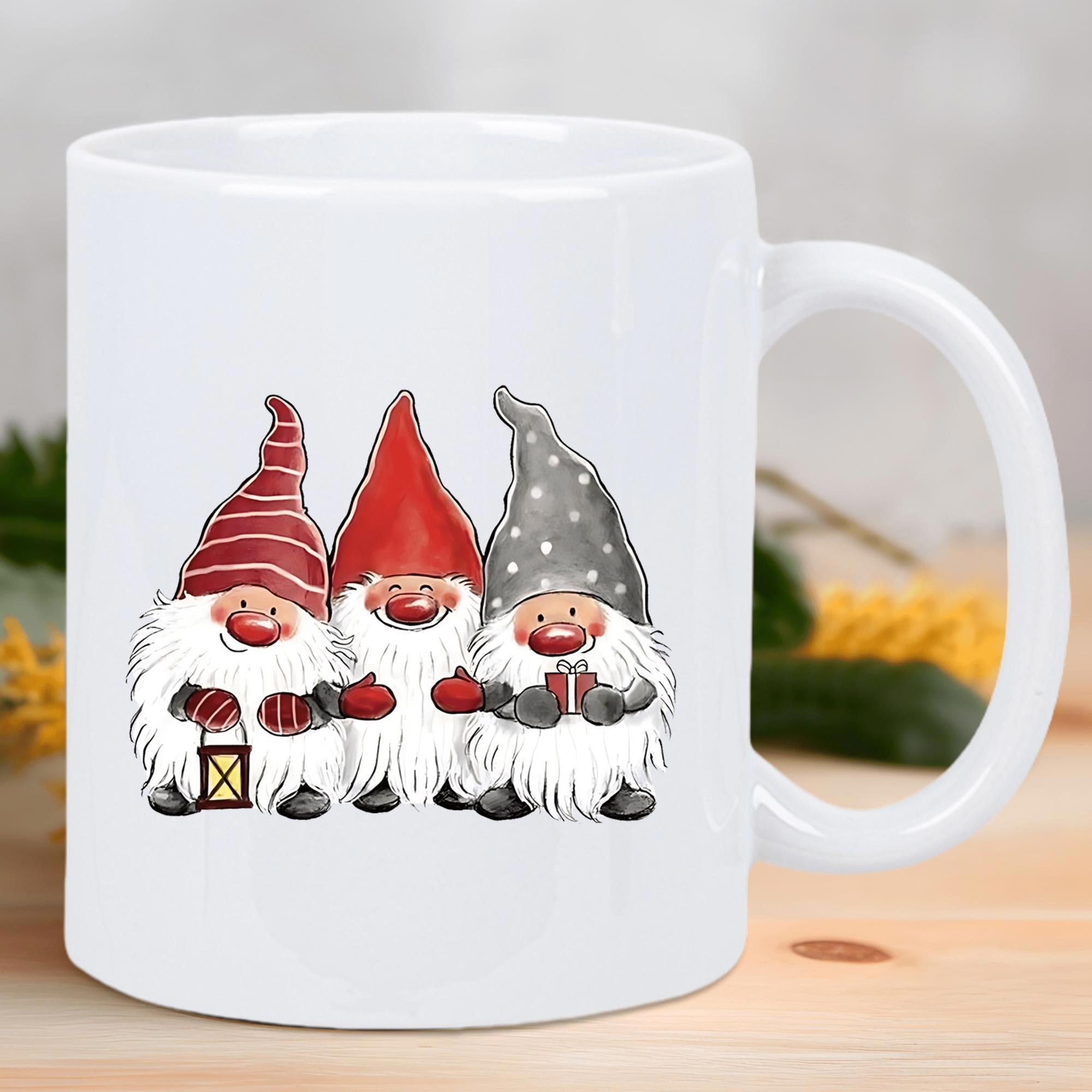 Tailorly White Ceramic 11 oz Mug - Festive Christmas Trio In Pointy Hats With Lantern And Beards Gnomes