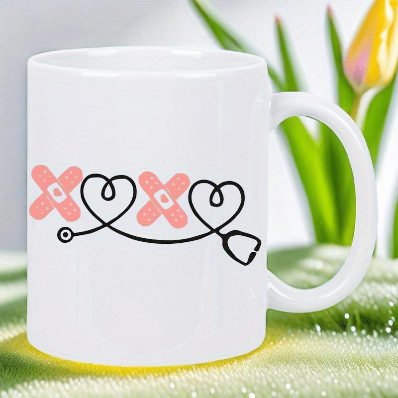 Tailorly White Ceramic 11 oz Mug - Pink Bandages Intertwined With Black Stethoscope Tubing Forming Lovely Heart Stethoscope