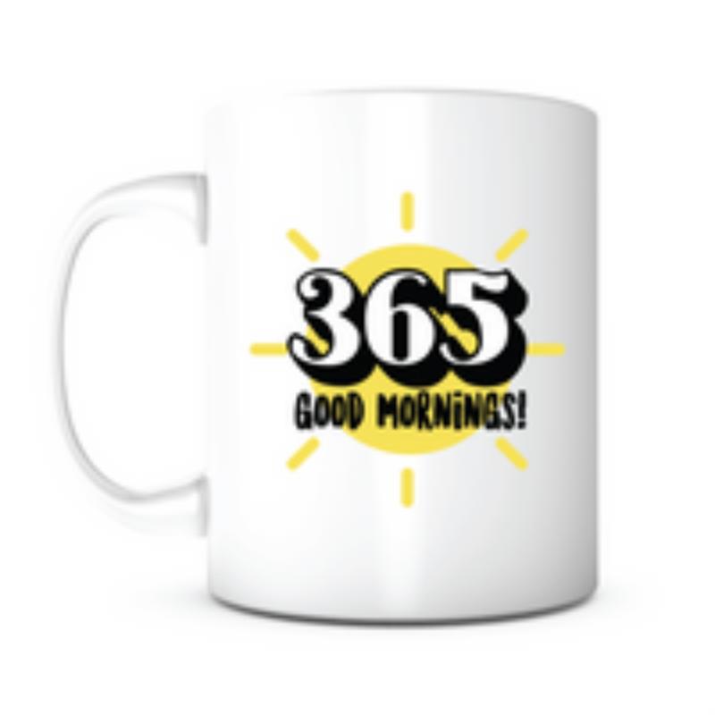 Tailorly White Ceramic 11 oz Mug - 365 Good Mornings Bright Radiant Yellow Rays Behind Bold Artistic Decorative Typographic Sun