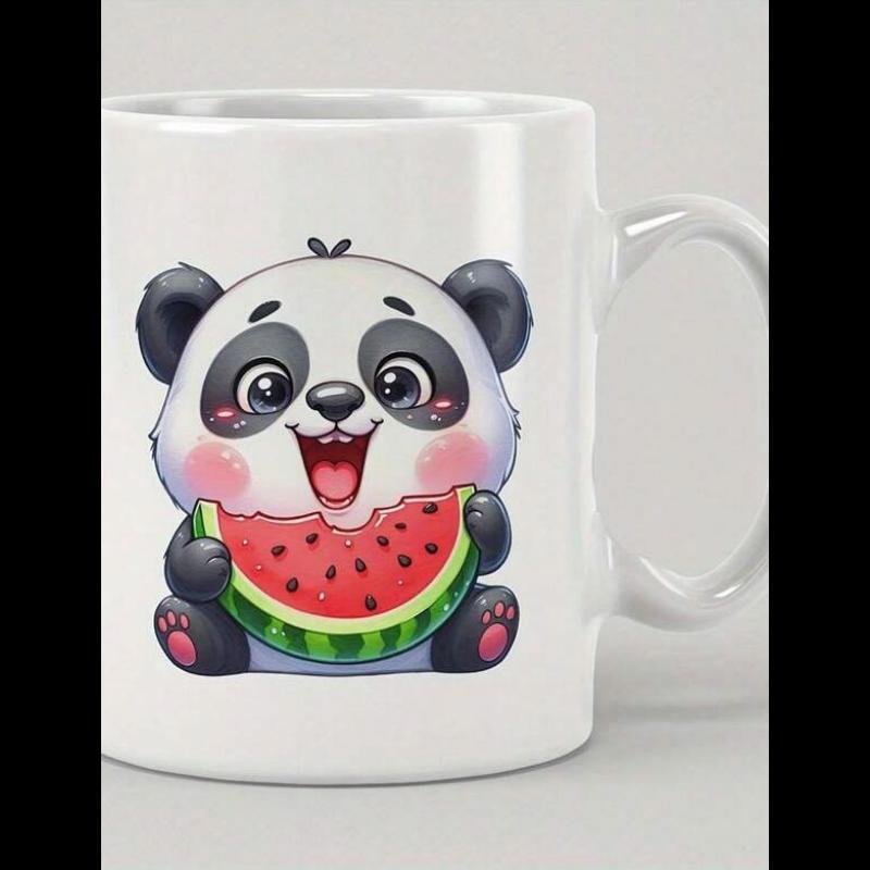 Tailorly White Ceramic 11 oz Mug - Adorable Little Sitting Creature Enjoying A Delicious Red Watermelon Panda