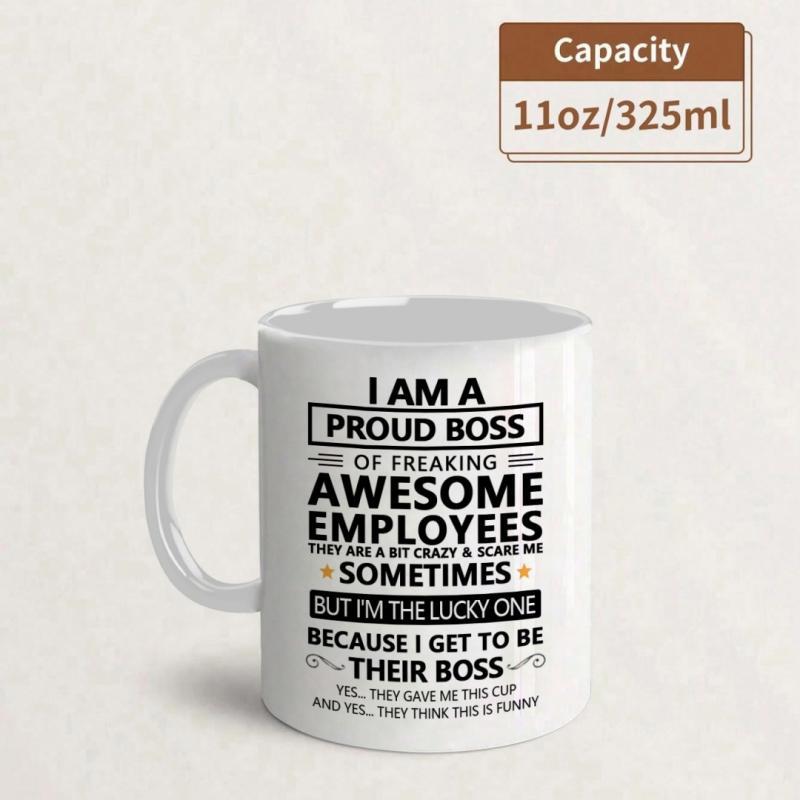 Tailorly White Ceramic 11 oz Mug - Proud Boss Of Awesome Employees Bold Minimalist Black Lettering Arranged In Decorative Vertical Layout Slogan Mug