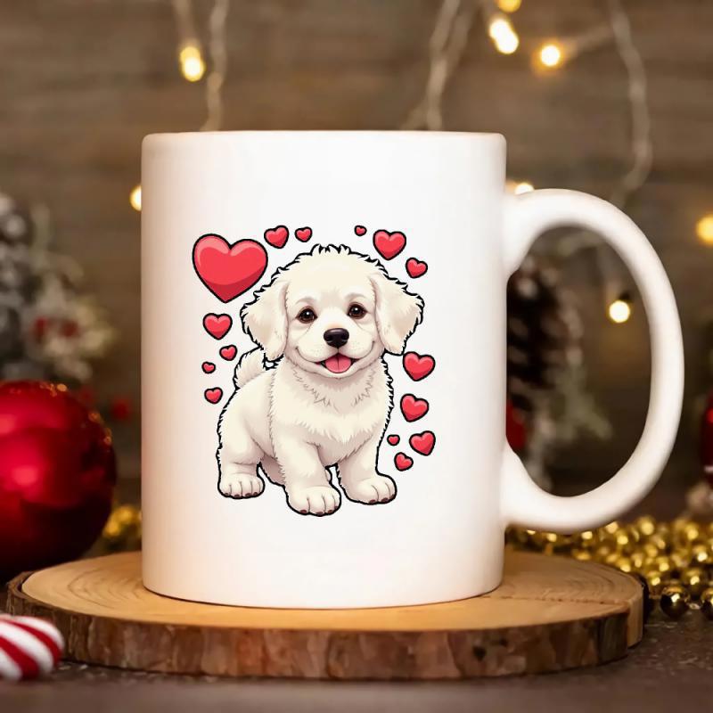 Tailorly White Ceramic 11 oz Mug - Adorable Fluffy White Animal Surrounded By Floating Vibrant Red Hearts Puppy