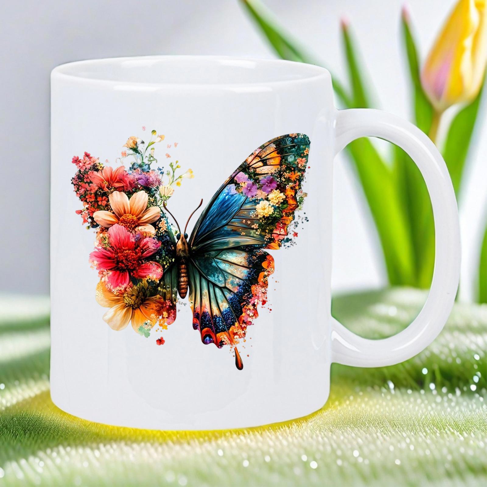 Tailorly White Ceramic 11 oz Mug - Vibrant Floral Wings With Colorful Petals And Detailed Artistic Patterns Butterfly