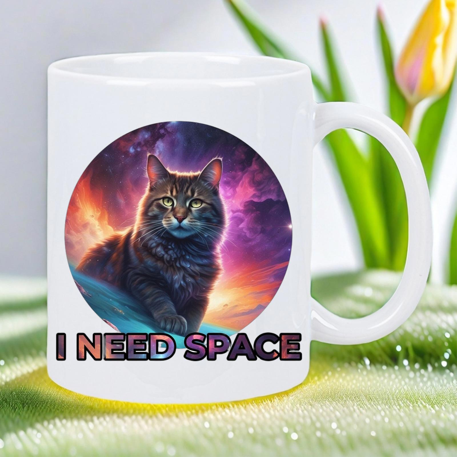Tailorly White Ceramic 11 oz Mug - I Need Space Majestic Tabby Resting Within A Vibrant Nebula Cosmic Galaxy Circular Scene Cat