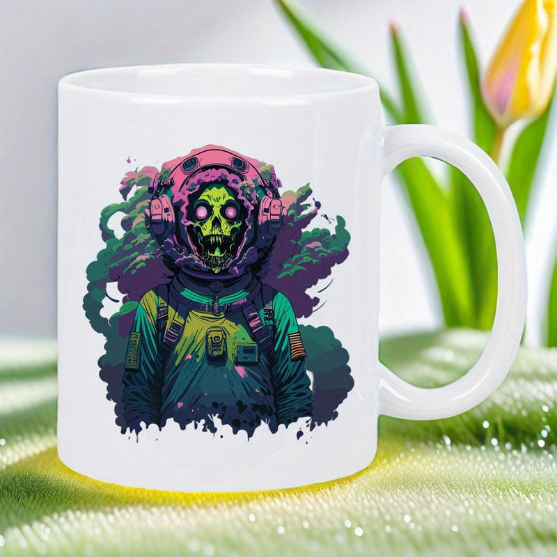 Tailorly White Ceramic 11 oz Mug - Neon Cyberpunk Undead Character Floating Within Galactic Space Suit Helmet Astronaut