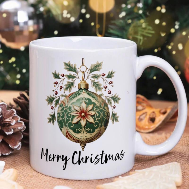 Tailorly White Ceramic 11 oz Mug - Merry Christmas Ornate Green Vintage Ornament Surrounded By Pine Needles And Red Berries Bauble