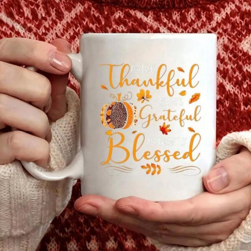 Tailorly White Ceramic 11 oz Mug - Thankful Grateful Blessed Rustic Pumpkin With Leopard Patterns Surrounded By Delicate Colorful Autumn Falling Leaves Pumpkin
