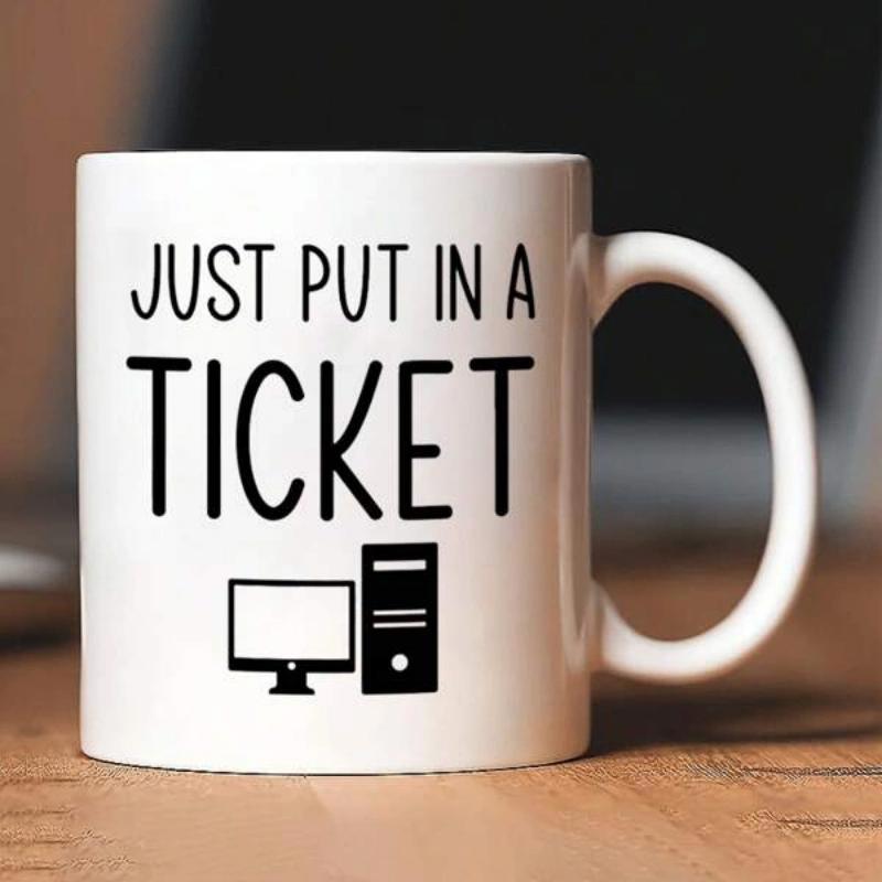 Tailorly White Ceramic 11 oz Mug - Just Put In A Ticket Minimalist Computer Monitor And Tower Icons On A
