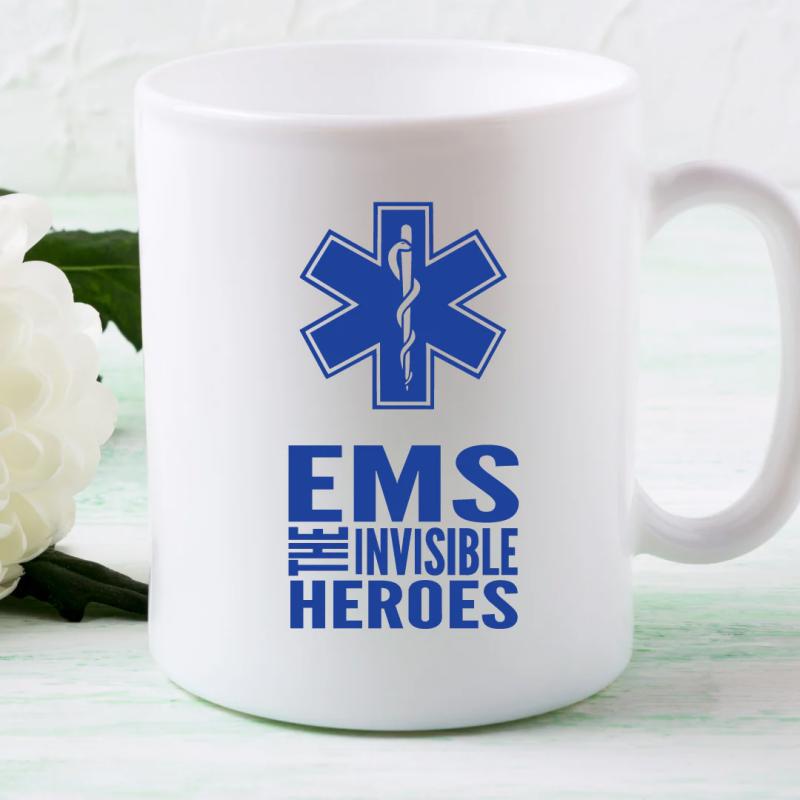 Tailorly White Ceramic 11 oz Mug - EMS The Invisible Heroes Blue Universal Emergency Medical Star Of Life Symbol Printed On