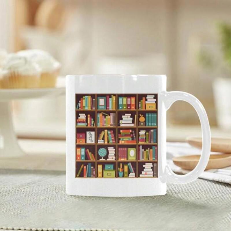 Tailorly White Ceramic 11 oz Mug - Vibrant Library Shelves Filled With Colorful Antique Volumes And Decorative Accents Bookshelf
