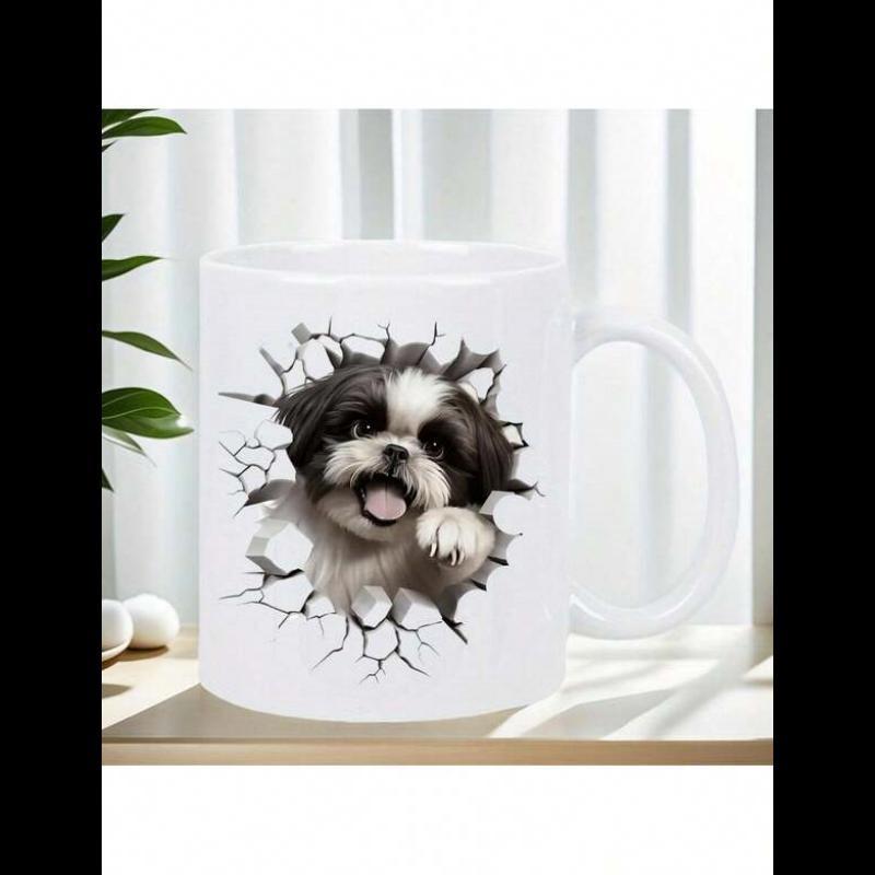 Tailorly White Ceramic 11 oz Mug - Realistic Shih Tzu Puppy Bursting Through A Cracked White Surface Wall Dog