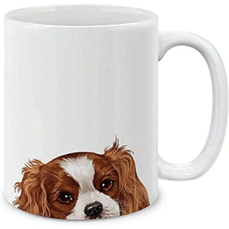 Tailorly White Ceramic 11 oz Mug - Realistic Hand Drawn Brown White Cavalier King Charles Peeking Dog Spaniel