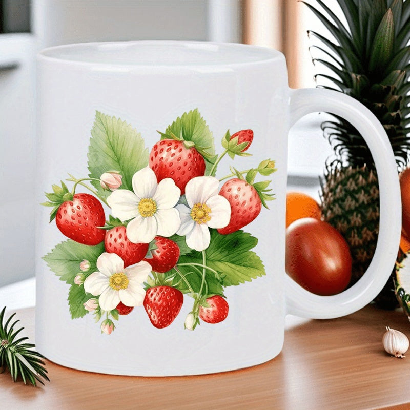 Tailorly White Ceramic 11 oz Mug - Lush Green Leaves With White Blossoms And Ripe Red Garden Strawberry