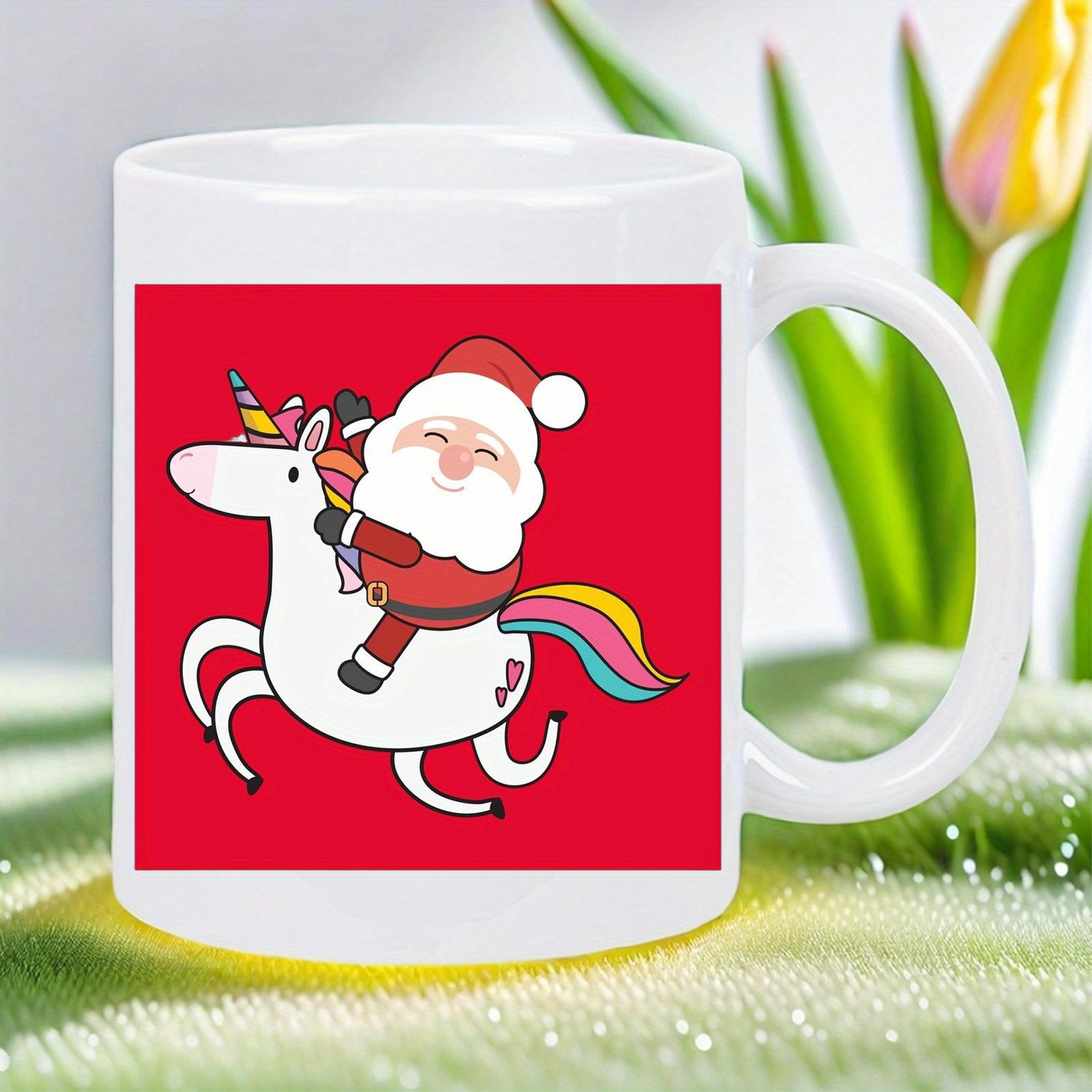 Tailorly White Ceramic 11 oz Mug - Joyful Santa Claus Riding A Magical Rainbow Tail Cartoon Style Unicorn