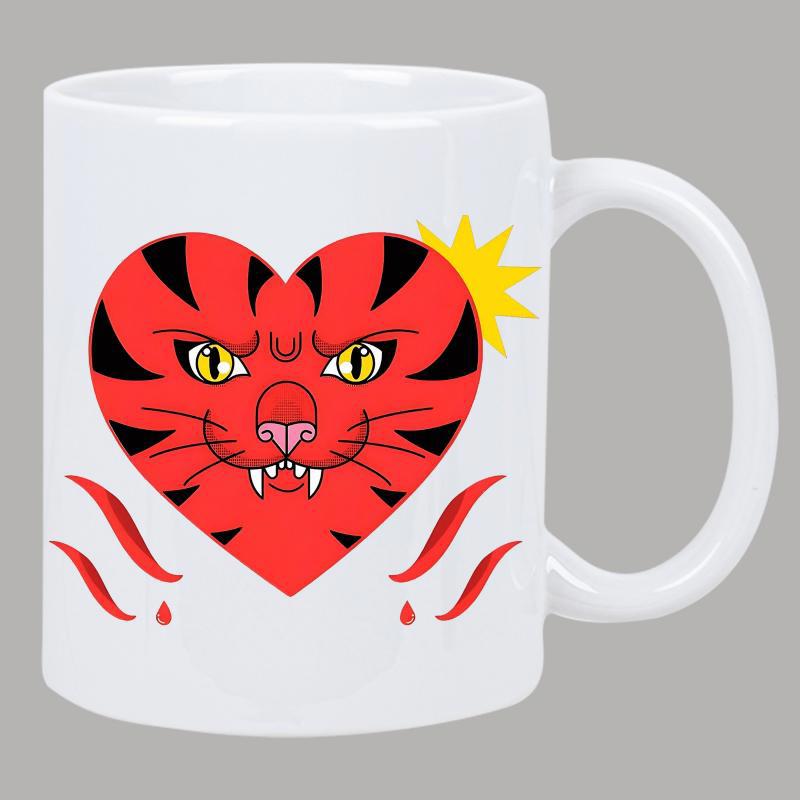 Tailorly White Ceramic 11 oz Mug - Stylized Red Heart Featuring Tiger Face With Bold Stripes And Yellow Sun Tiger