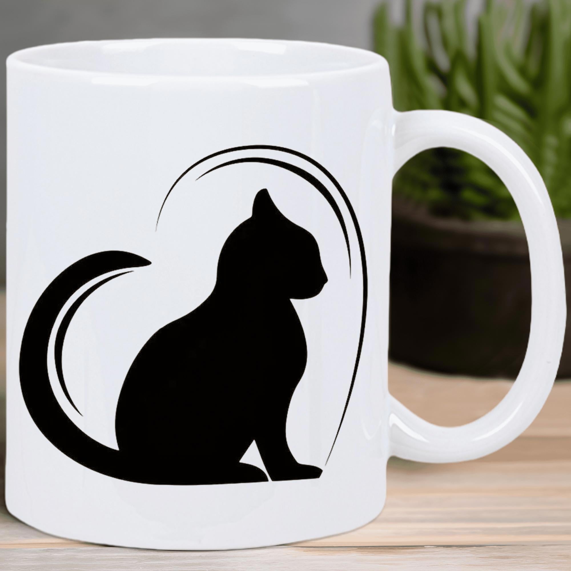 Tailorly White Ceramic 11 oz Mug - Minimalist Artistic Black Silhouette Sitting Surrounded By Elegant Decorative Swoosh Cat