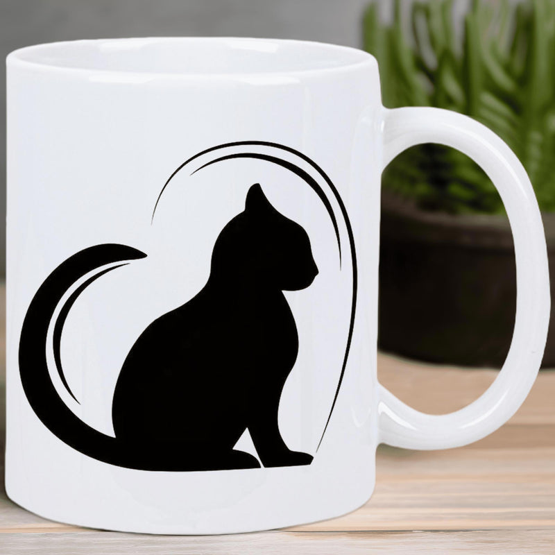 Tailorly White Ceramic 11 oz Mug - Minimalist Artistic Black Silhouette Sitting Surrounded By Elegant Decorative Swoosh Cat