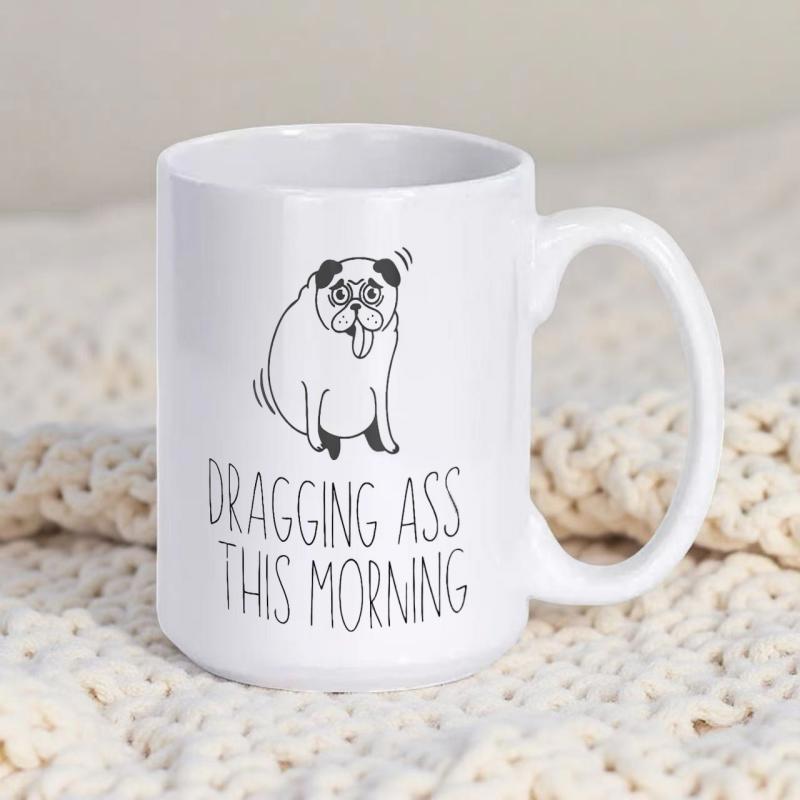 Tailorly White Ceramic 11 oz Mug - Dragging Ass This Morning Minimalist Hand Drawn Cartoon Sitting On Tired Exhausted Pug