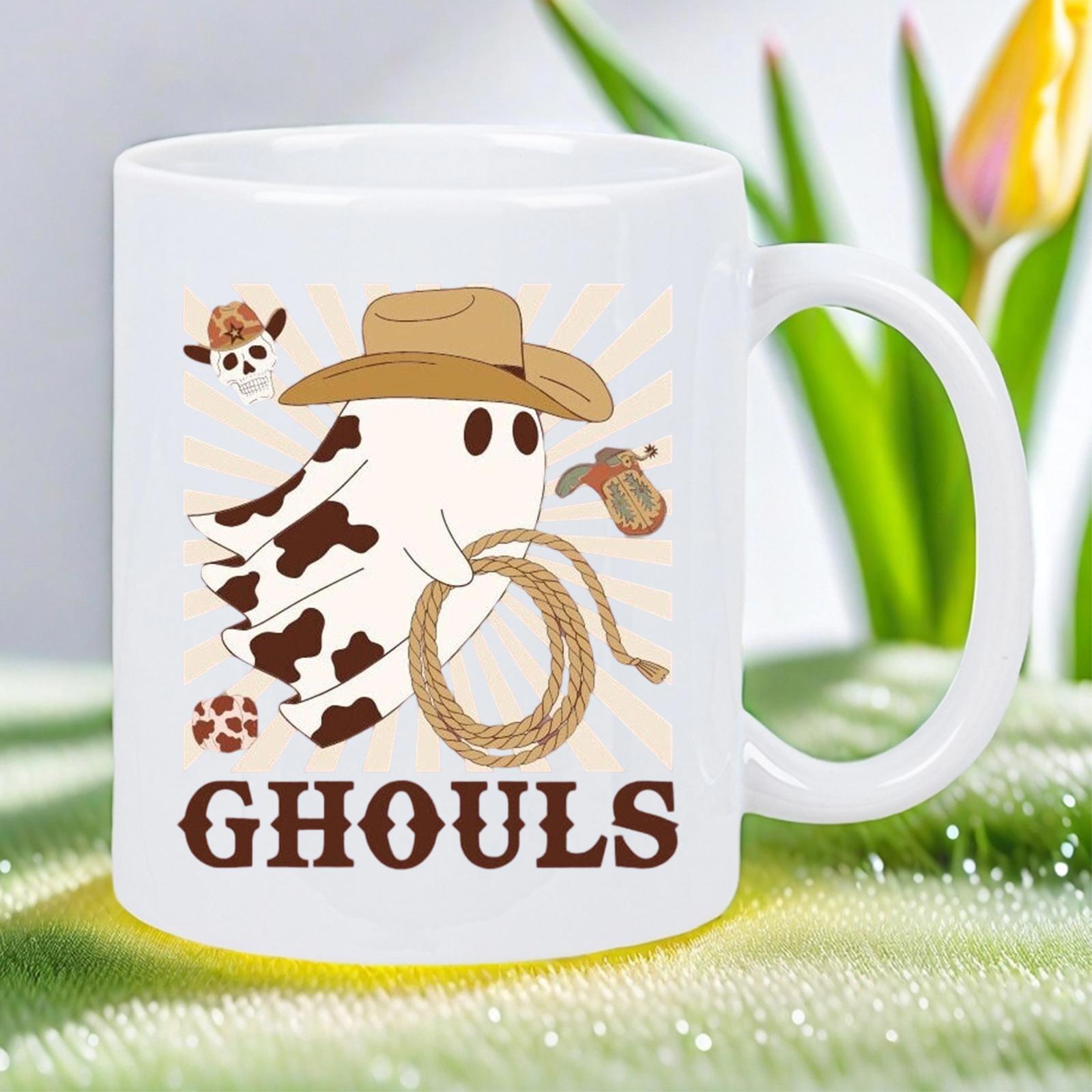 Tailorly White Ceramic 11 oz Mug - Ghouls Whimsical Western Cowboy Wearing Cow Print Sheet Holding A Rustic Lasso Ghost