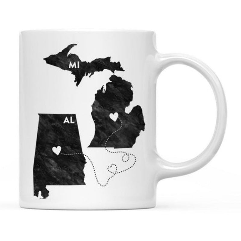 Tailorly White Ceramic 11 oz Mug - Mi Al Black Textured Silhouette States Connected By Delicate Dotted Line Heart Map