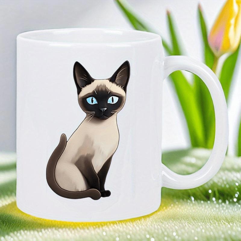 Tailorly White Ceramic 11 oz Mug - Adorable Stylized Siamese Feline Sitting Gracefully With Striking Blue Eyes Cat