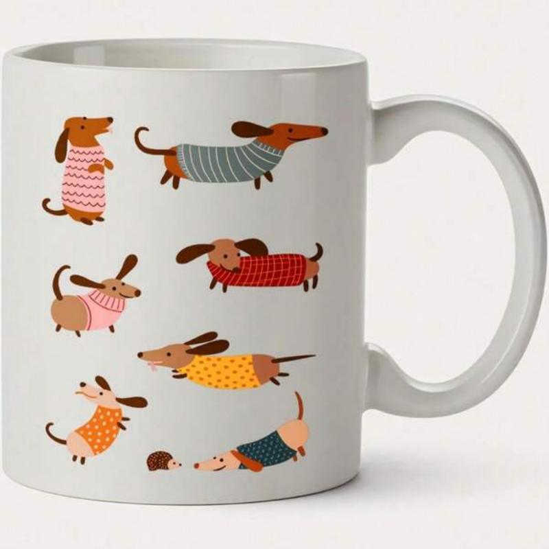 Tailorly White Ceramic 11 oz Mug - Playful Cartoon Puppies Wearing Various Colorful Patterned Cozy Knit Sweaters Dachshund
