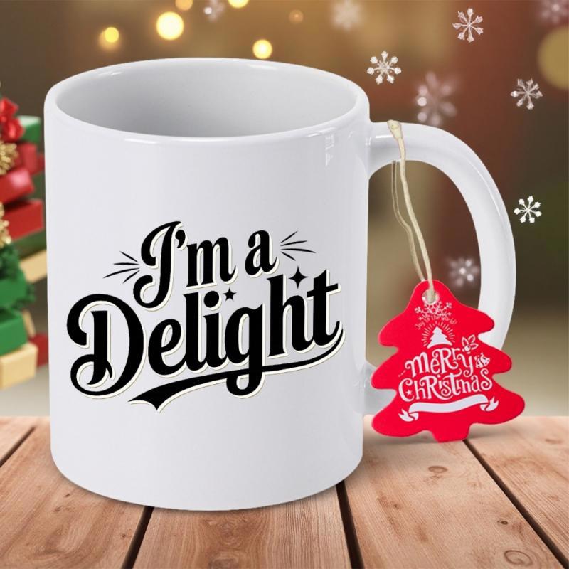 Tailorly White Ceramic 11 oz Mug - I'm A Delight Minimalist Elegant Script Lettering Surrounded By Decorative Sparking Flourish Mug