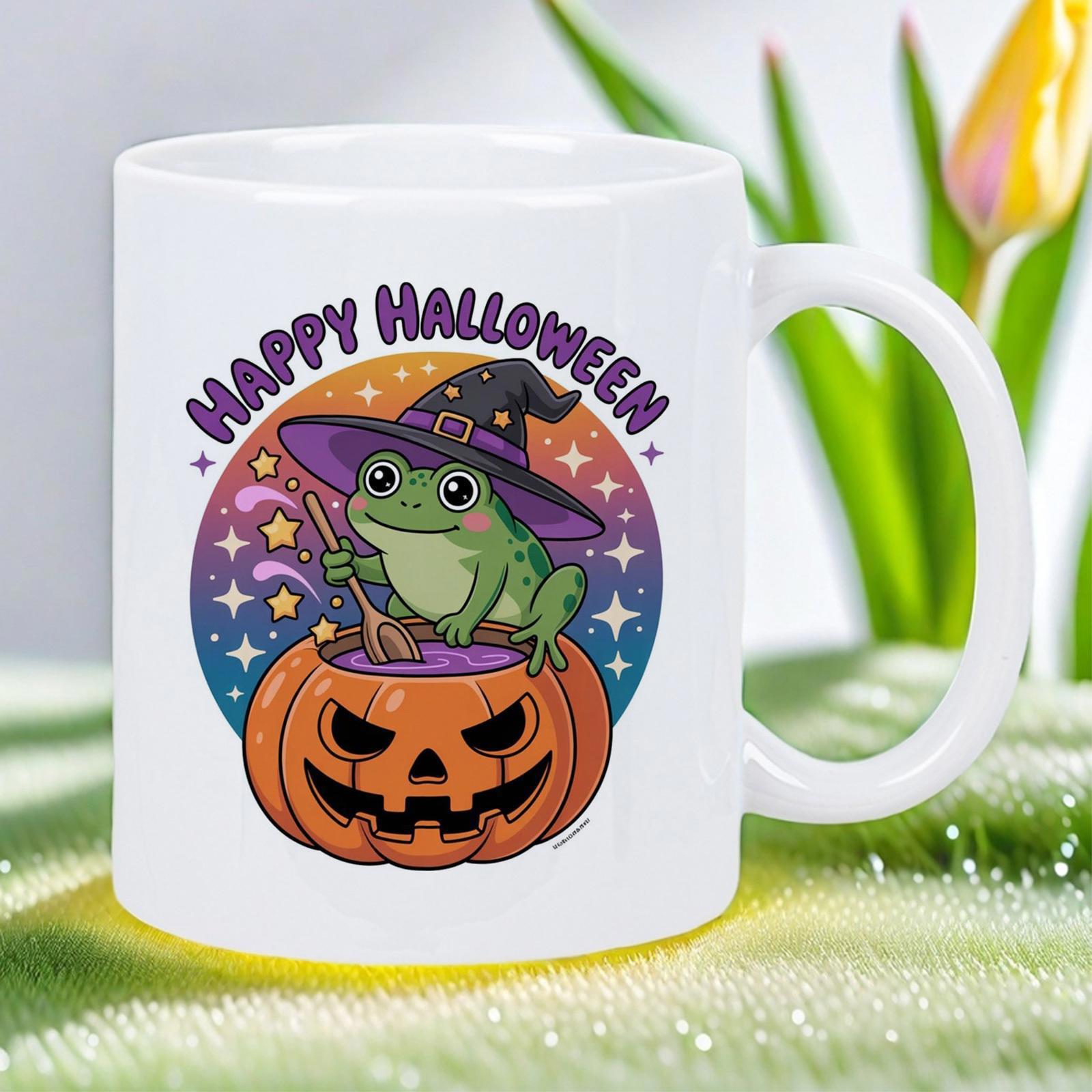 Tailorly White Ceramic 11 oz Mug - Happy Halloween Adorable Green Frog Wearing Witch Hat Stirring Potion Inside Carved Pumpkin Frog