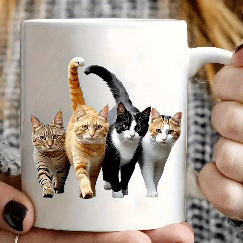 Tailorly White Ceramic 11 oz Mug - Adorable Group Of Various Fluffy Felines Walking Forward Together Cats