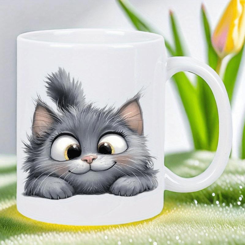 Tailorly White Ceramic 11 oz Mug - Adorable Fluffy Grey Peeking Kitten With Big Expressive Eyes And Tiny Smile Cat