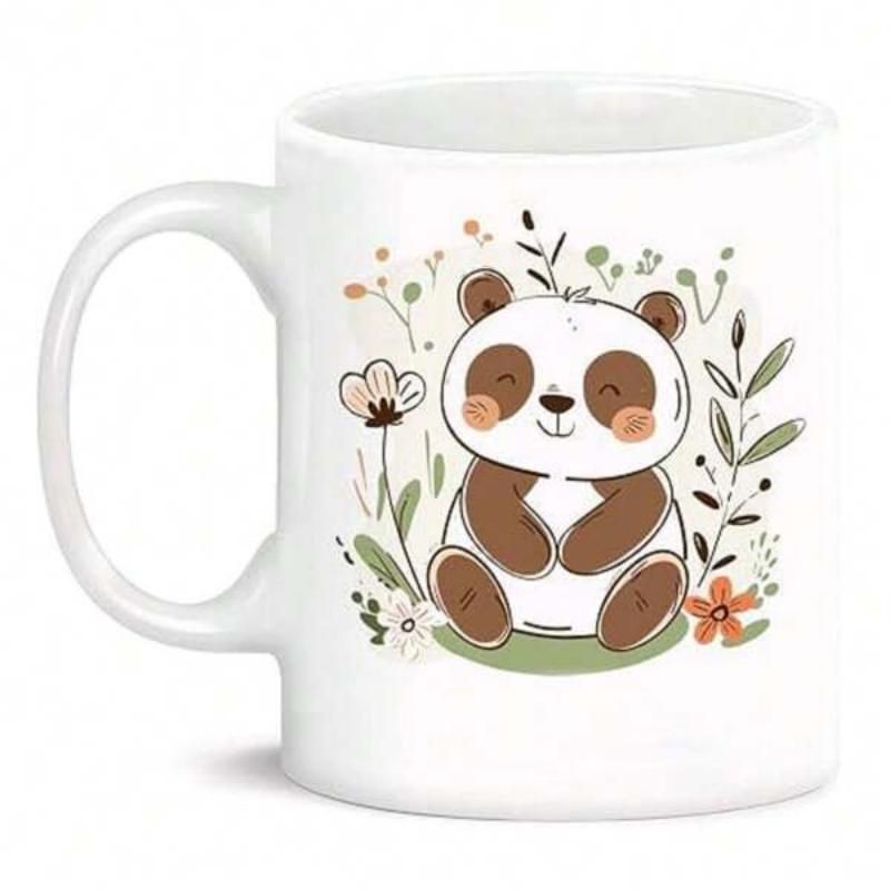 Tailorly White Ceramic 11 oz Mug - Cute Sitting Panda Surrounded By Delicate Minimalist Wildflowers And Leaves Panda