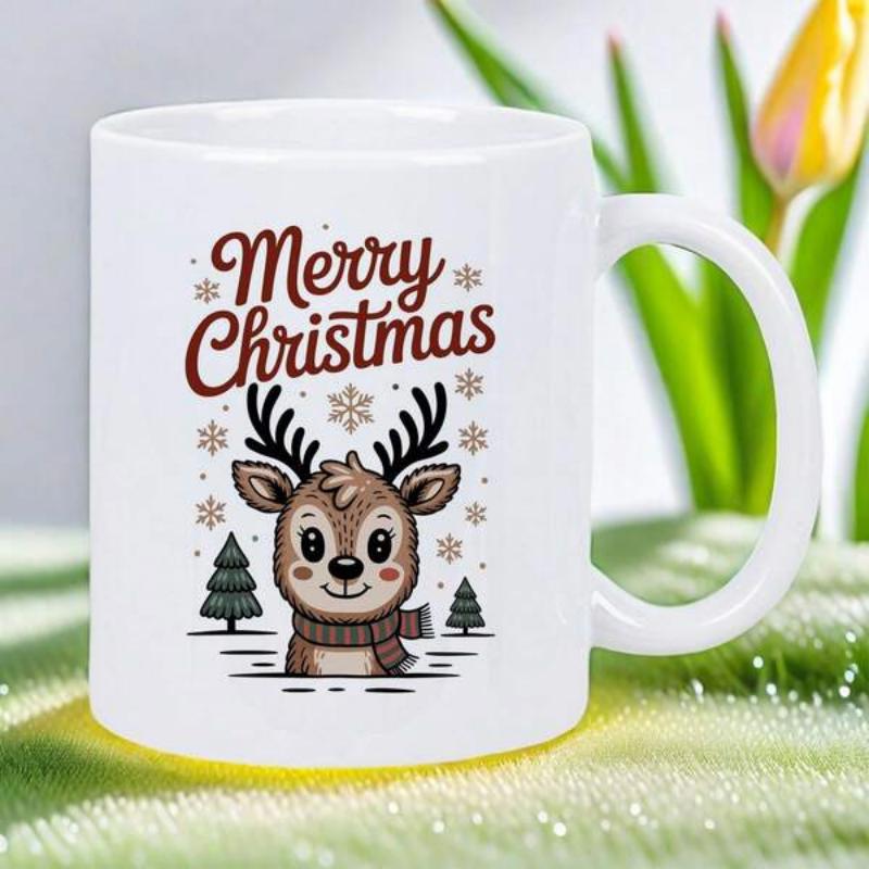 Tailorly White Ceramic 11 oz Mug - Merry Christmas Adorable Cartoon Fawn With Warm Scarf Among Delicate Falling Snowflakes And Trees Reindeer