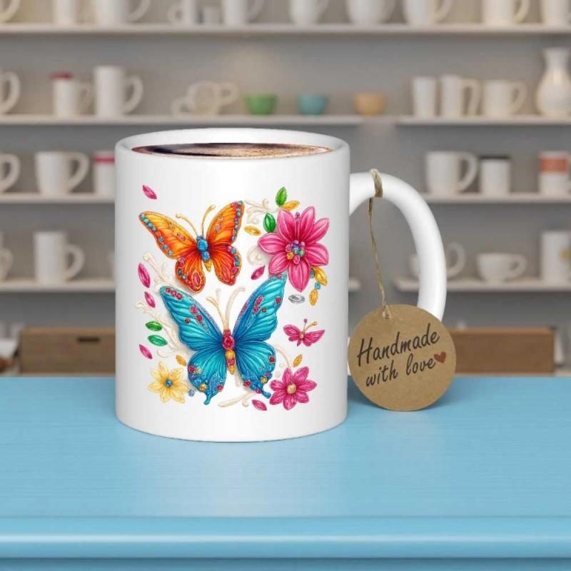 Tailorly White Ceramic 11 oz Mug - Handmade With Love Vibrant Colorful Wings Fluttering Amidst Blooming Pink Flowers And Green Leaves Butterfly