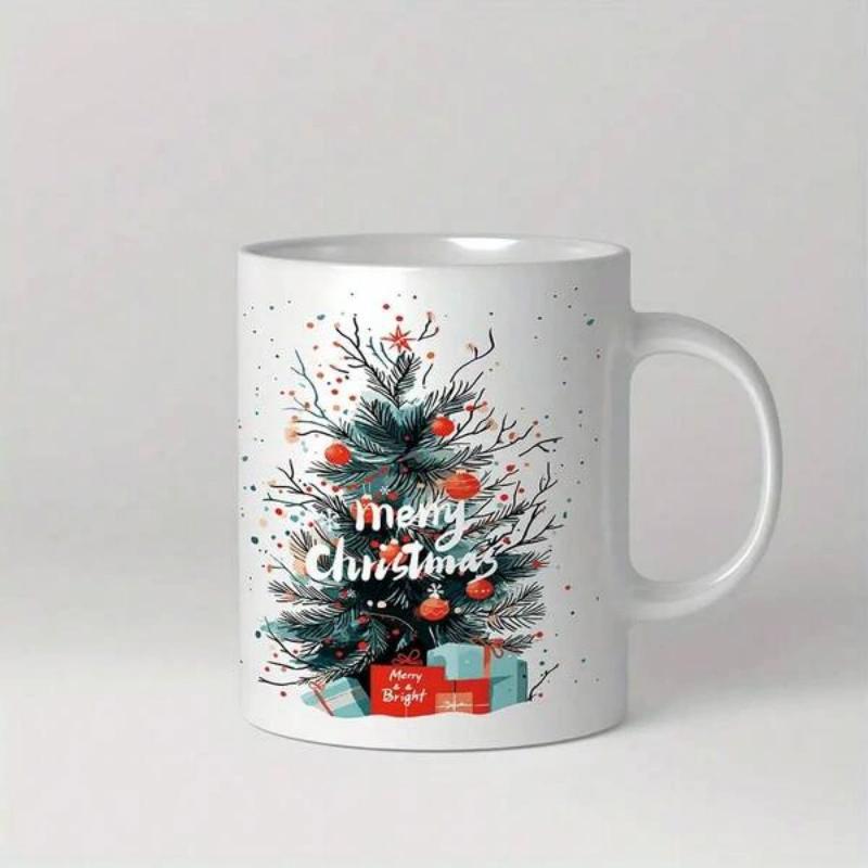 Tailorly White Ceramic 11 oz Mug - Merry Christmas Artistic Illustration With Red Ornaments And Gift Boxes Underneath Festive Tree