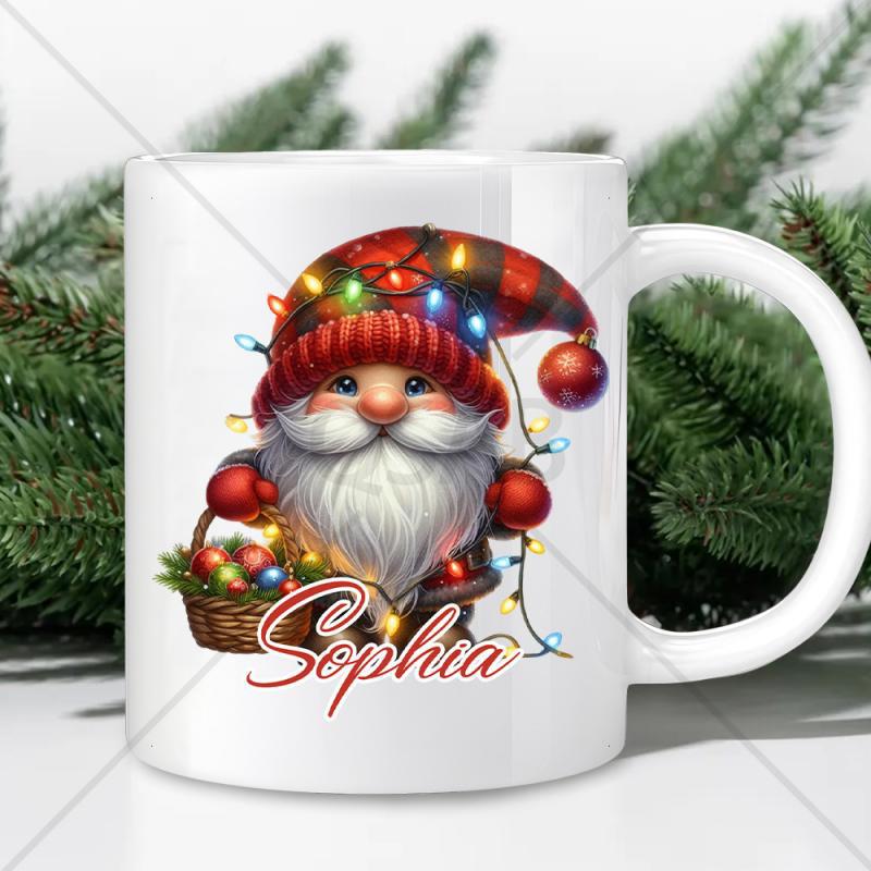 Tailorly White Ceramic 11 oz Mug - Sophia Cheerful Holiday Spirit With Fluffy White Beard And Glowing Colorful String Lights Gnome