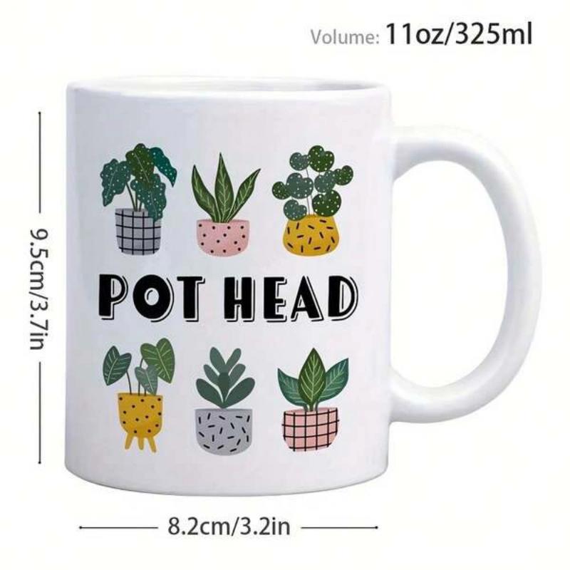 Tailorly White Ceramic 11 oz Mug - Pot Head Colorful Hand Drawn House Plants Resting In Decorated Patterned Containers Plant