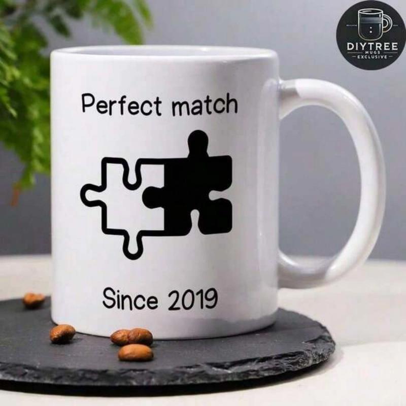 Tailorly White Ceramic 11 oz Mug - Perfect Match Since 2019 Interlocking Black And White Shapes Connecting In A Seamless Bond Puzzle
