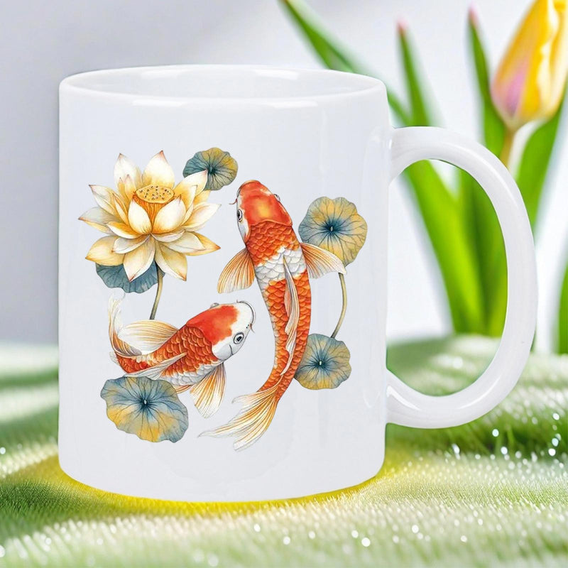 Tailorly White Ceramic 11 oz Mug - Serene Watercolor Elegant Orange Fish Swimming Among Blooming Golden Lotus Garden Koi Fish