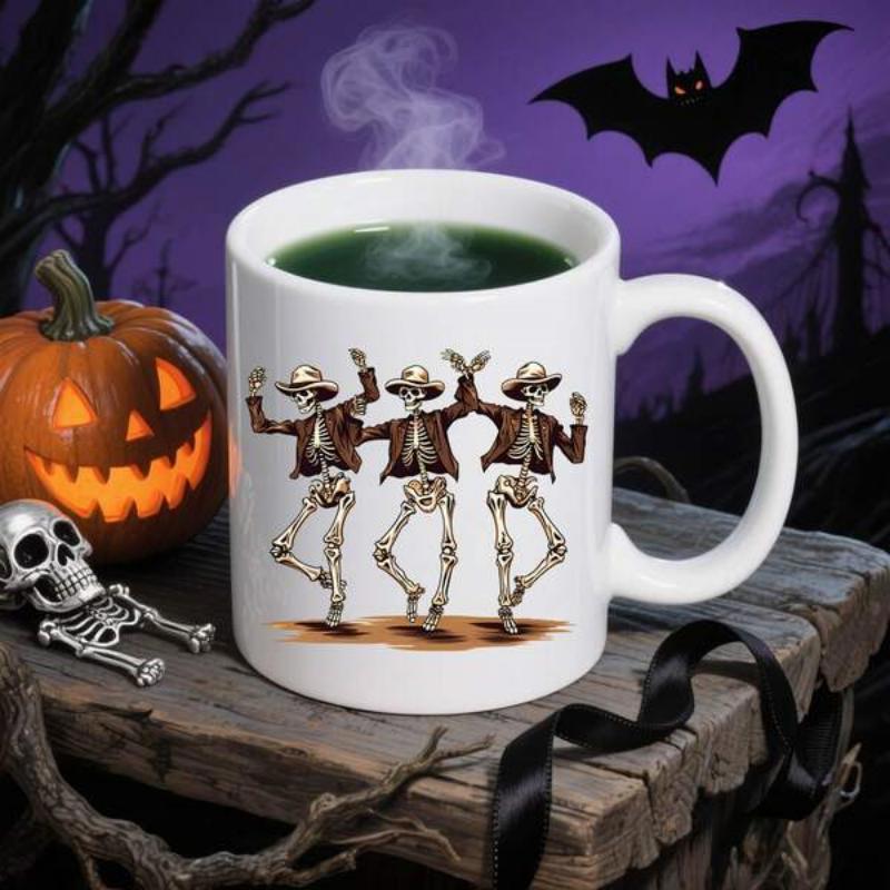 Tailorly White Ceramic 11 oz Mug - Three Spooky Mariachi Skeletons Dancing Joyfully Under The Halloween Night Skeleton