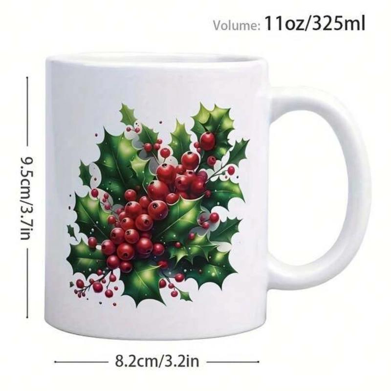 Tailorly White Ceramic 11 oz Mug - Vibrant Red Berries Among Sharp Spiky Green Leaves In Winter Style Holly